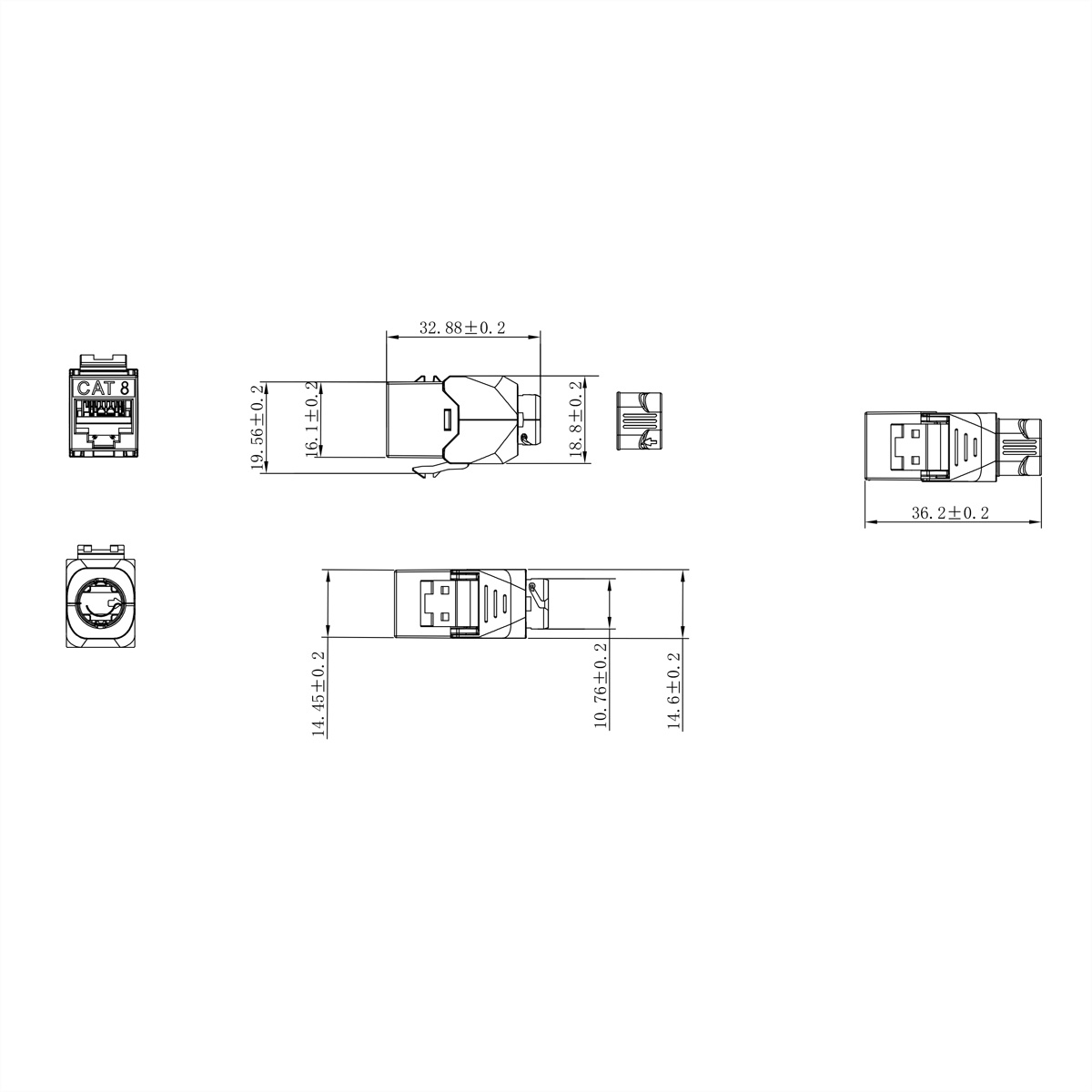 Technische Zeichnung eines CAT 8 Keystone-Moduls mit Maßen.