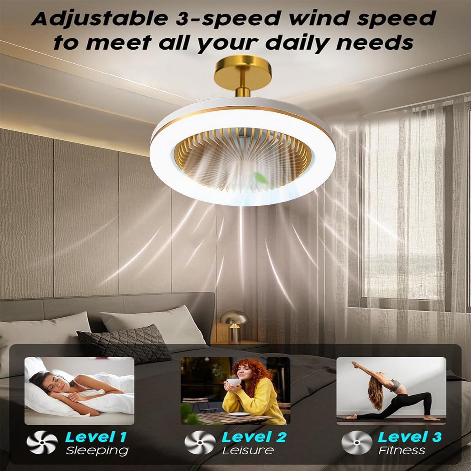 Deckenventilator mit Licht, zeigt drei Modi: Schlafen, Freizeit, Fitness.
