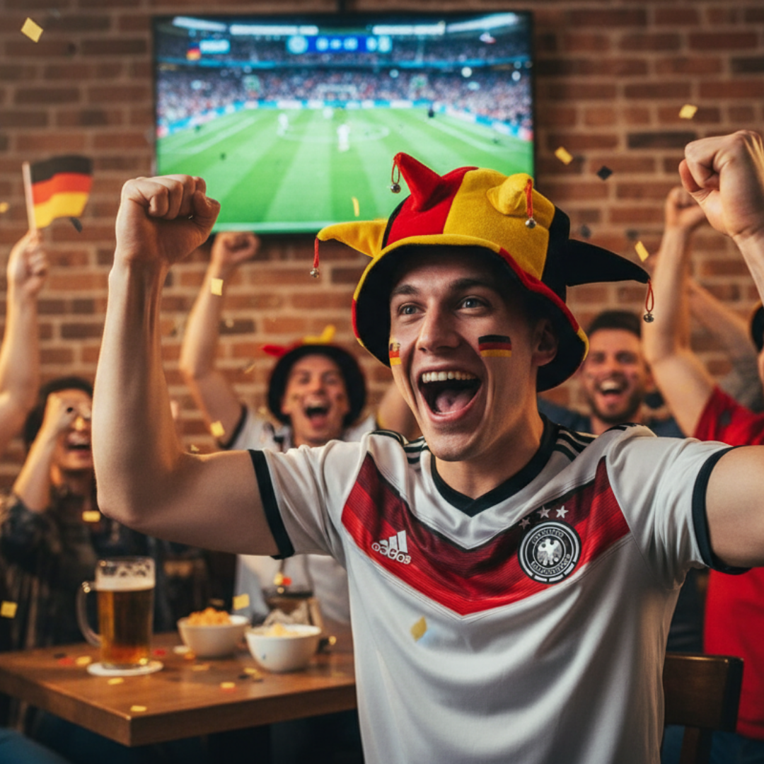 Fußballfans jubeln vor einem Fernsehbildschirm mit Deutschlandflaggen und Konfetti.