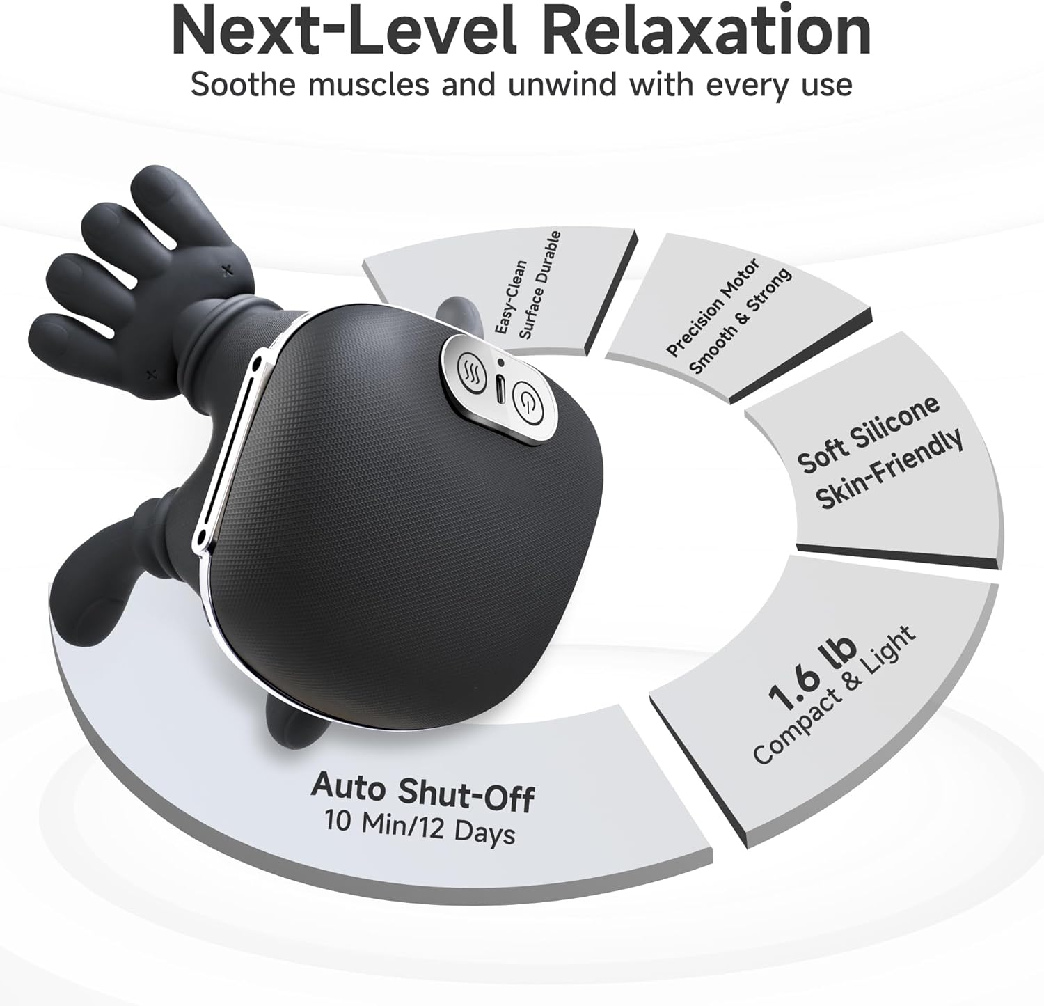 Ein Massagegerät mit Handform, das für Entspannung wirbt. Merkmale: Auto Shut-Off, leicht zu reinigen, Präzisionsmotor.