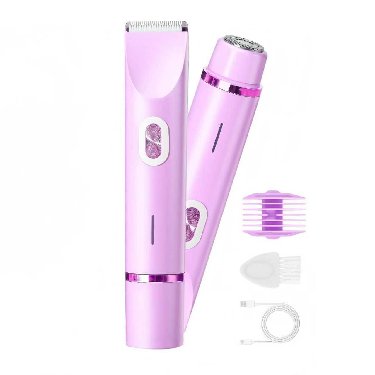 Zwei pinke Haartrimmer mit Zubehör, darunter ein Ladekabel und Bürsten.