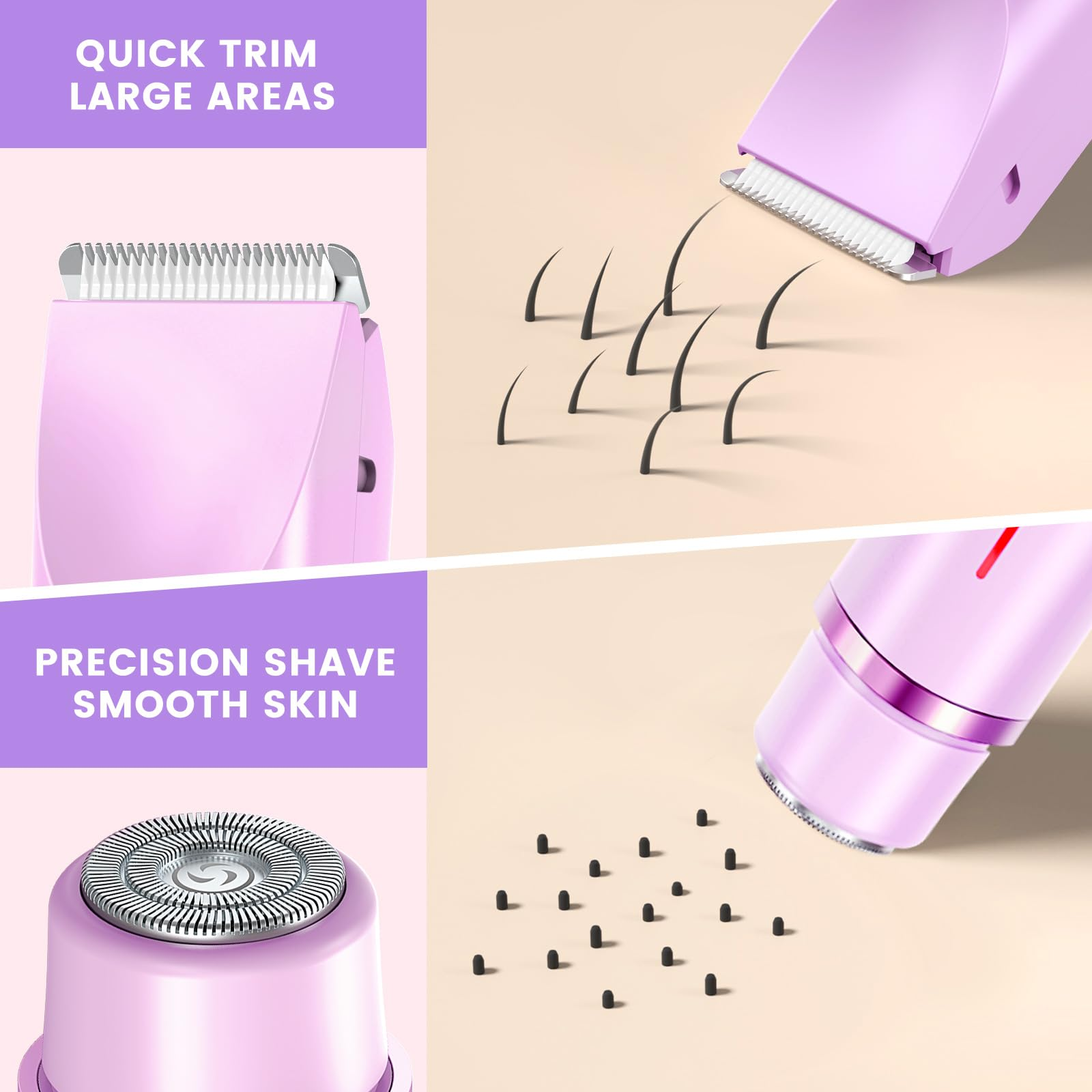 Ein rosafarbener Trimmer trimmt Haare, ein anderer zeigt präzises Rasieren.