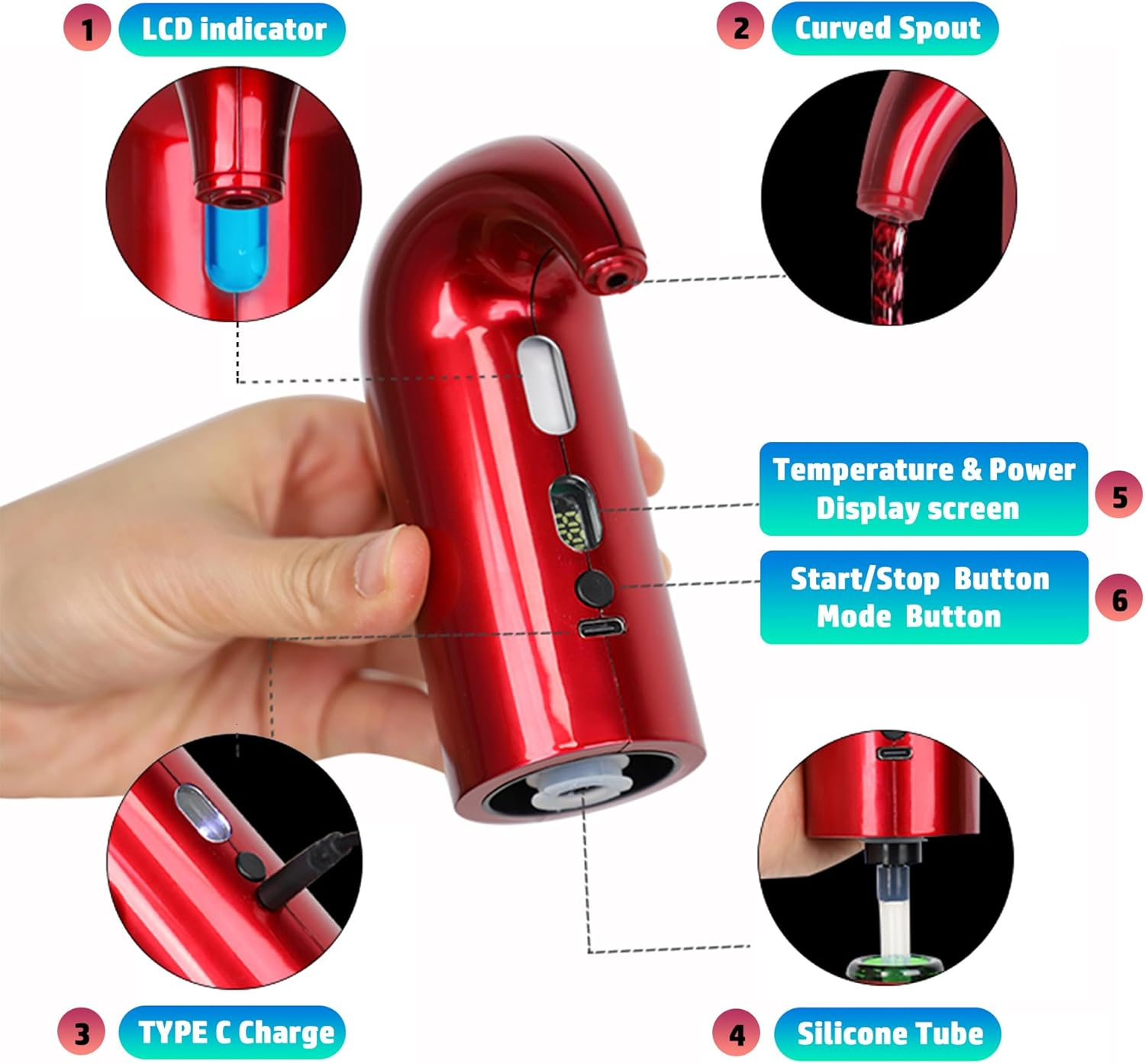 Roter elektrischer Wasserhahn mit LCD, gebogener Tülle, Typ-C-Anschluss.