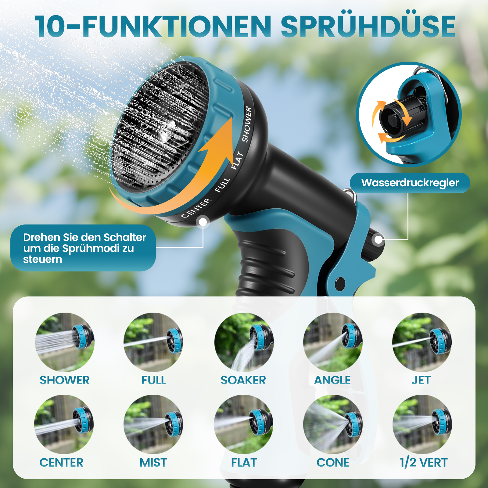 Eine blaue Sprühdüse mit 10 Funktionen, die Wasser versprüht, mit verschiedenen Modi.