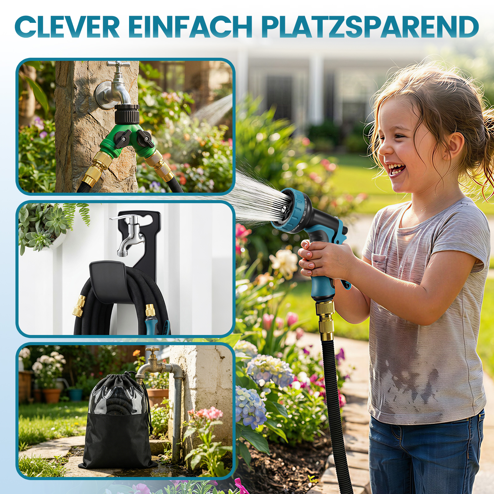 Ein Mädchen spritzt mit einem Gartenschlauch, daneben sind Nahaufnahmen eines Schlauchverteilers, einer Wandhalterung und einer Tasche.