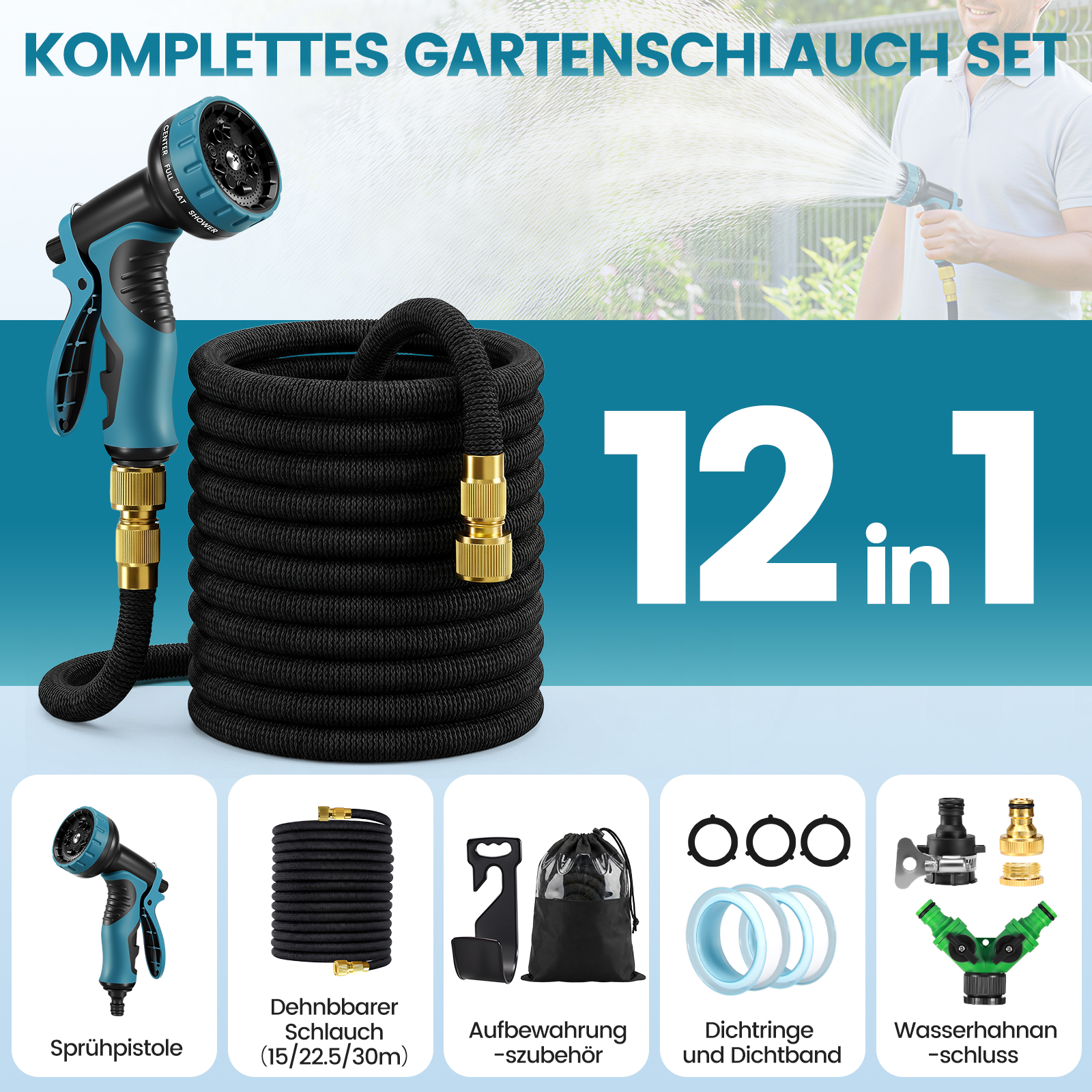Ein Gartenschlauch-Set mit Sprühpistole, Schlauch, Aufbewahrungsbeutel, Dichtringen und Hahnanschluss.