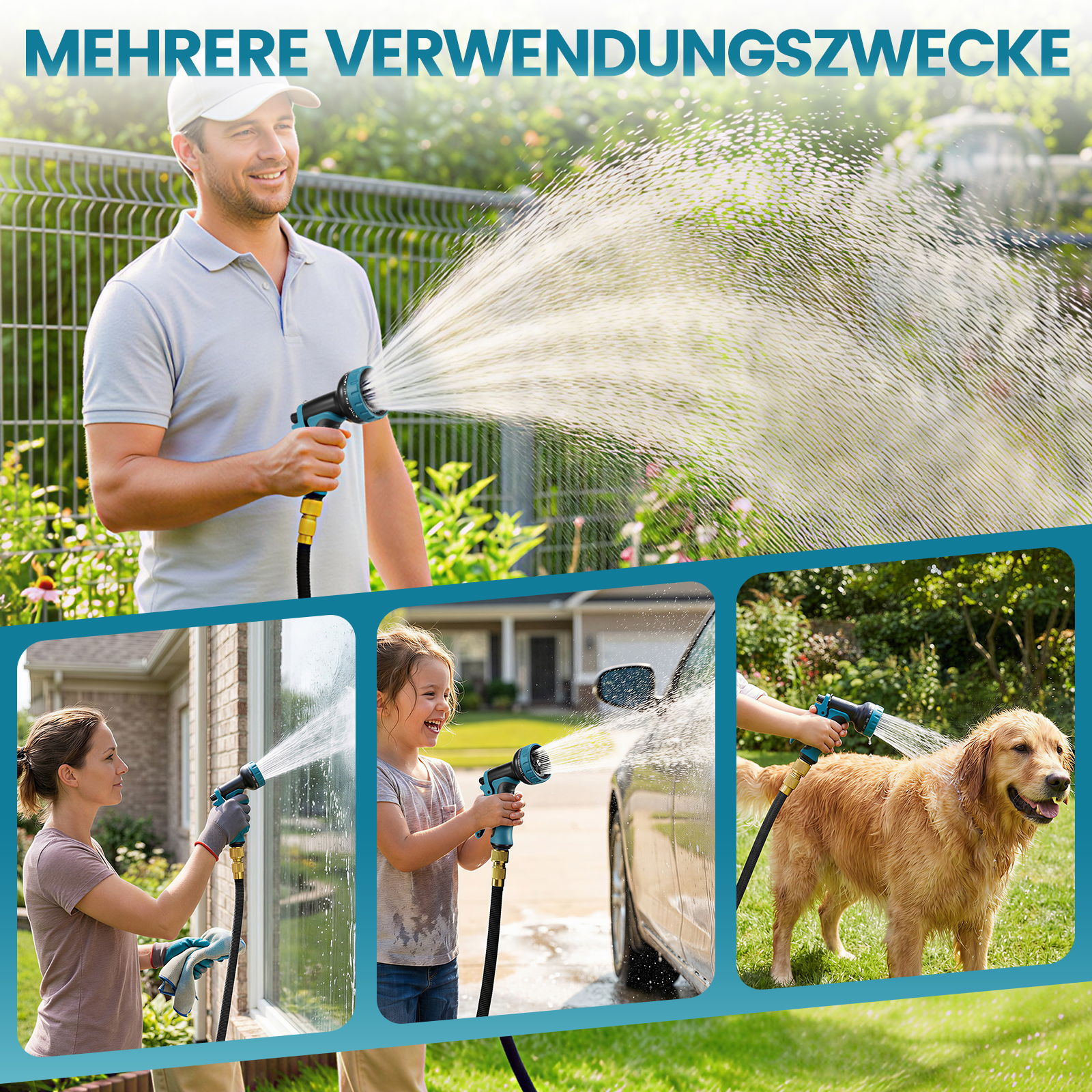 Mann, Frau, Kind und Hund werden mit einem Gartenschlauch bespritzt.