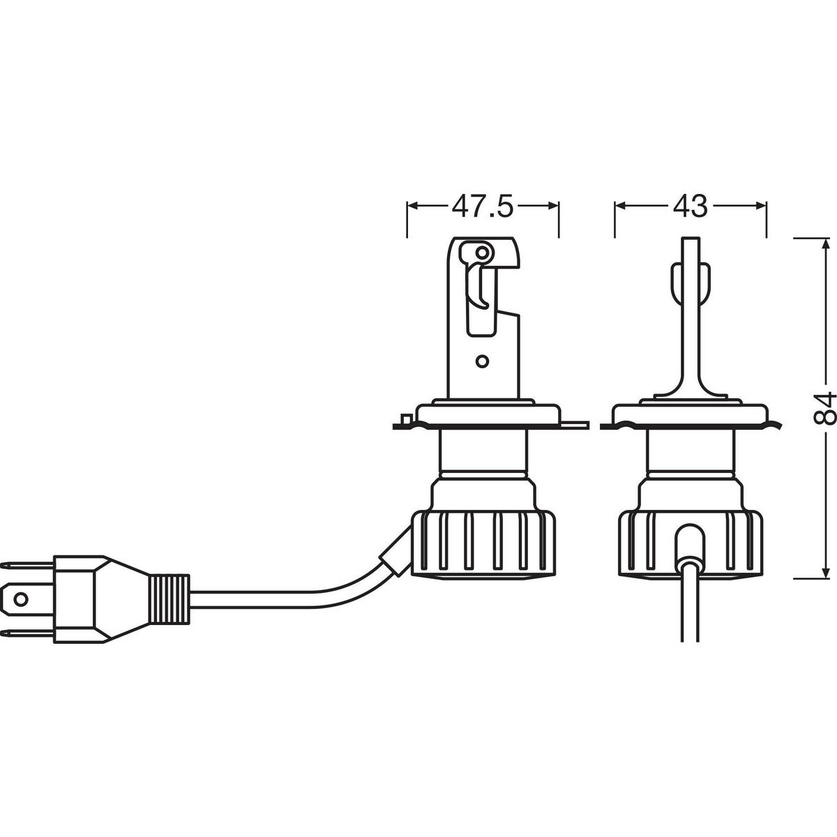 Technische Zeichnung von zwei LED-Lampen mit Maßen.
