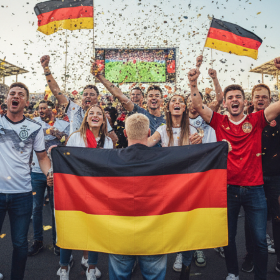 Fans jubeln mit Deutschlandflagge und Konfetti vor einer Leinwand.
