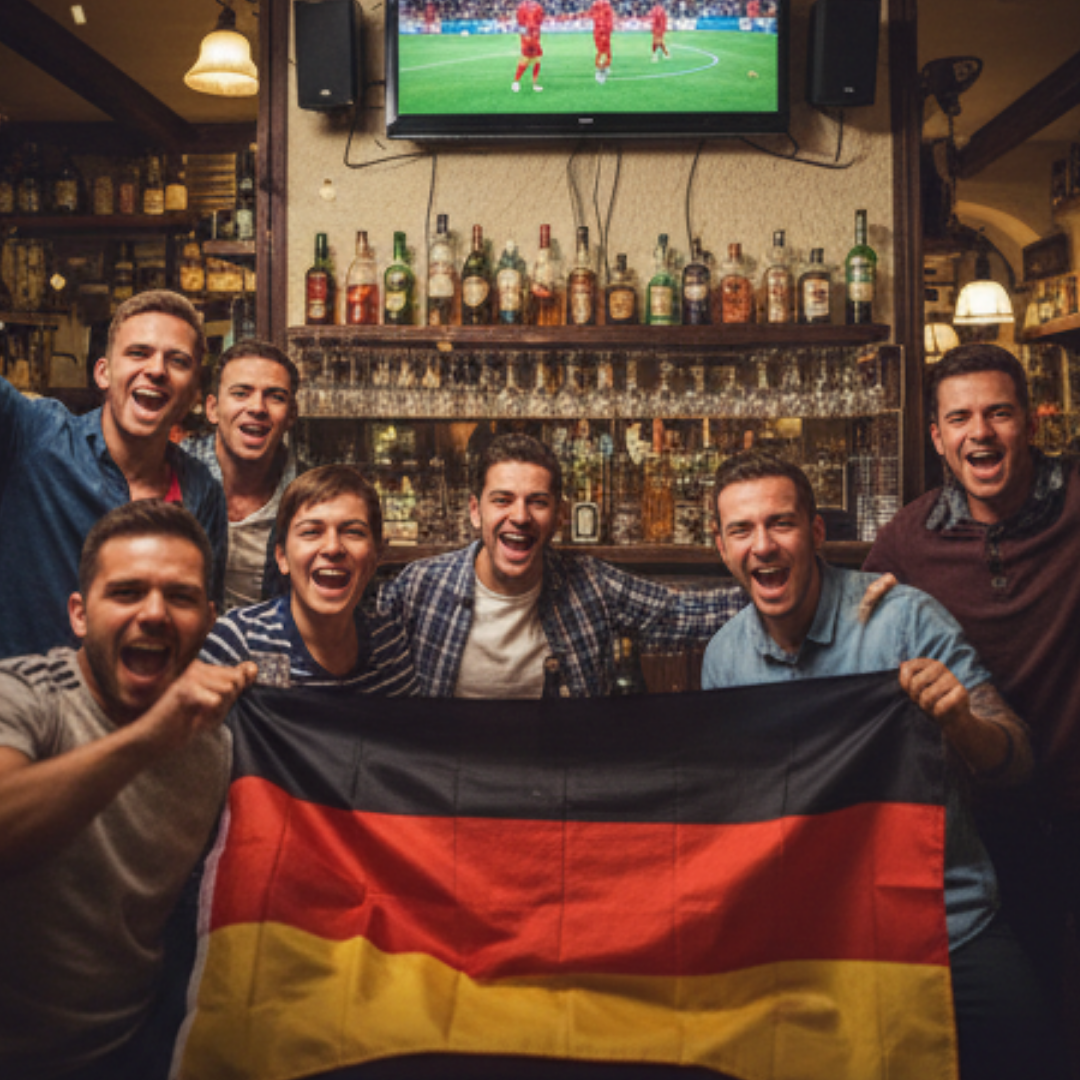 Aufgeregte Fans in einer Bar halten eine Deutschlandflagge und schauen Fußball im Fernsehen. Flaschen stehen in Regalen.