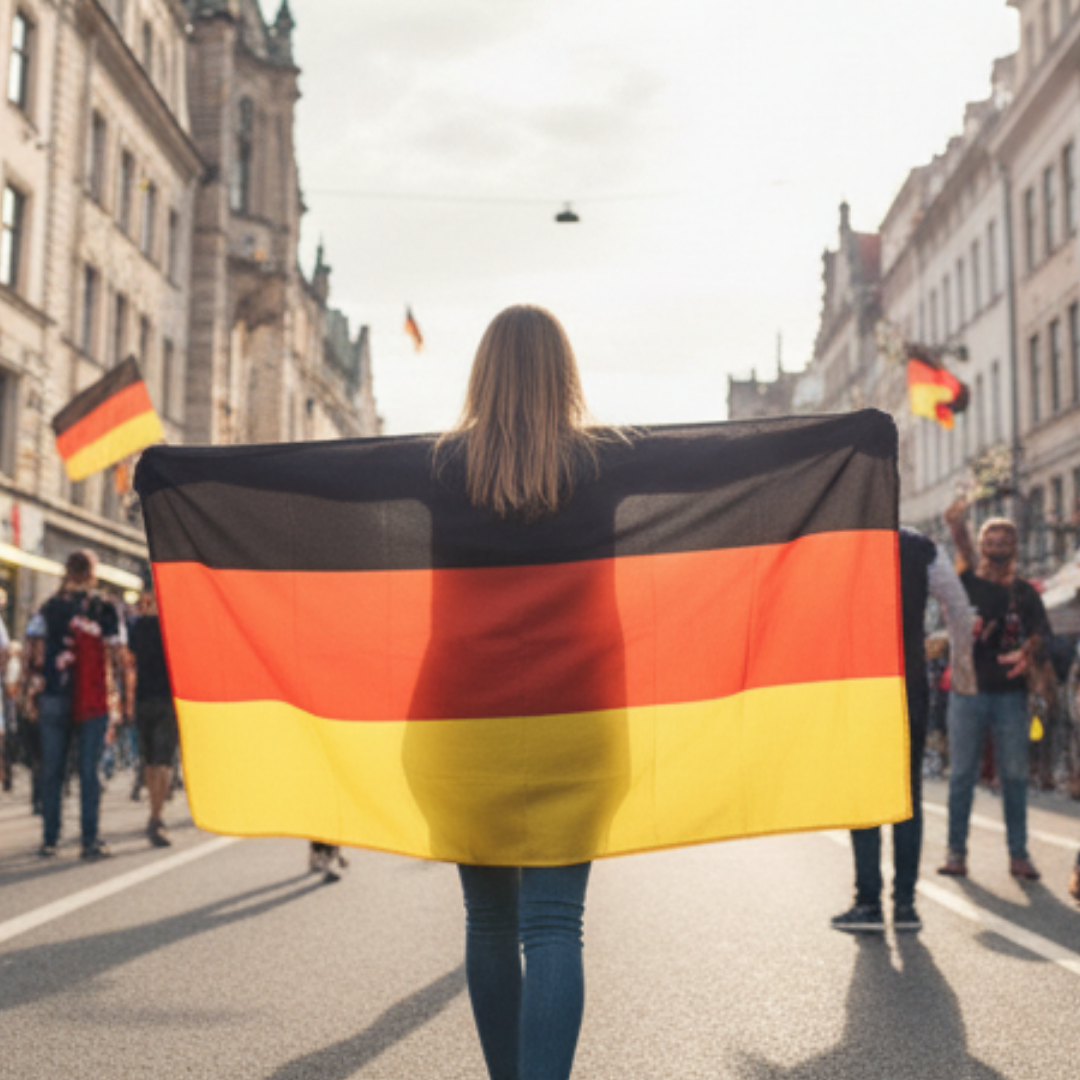 Eine Frau hält eine deutsche Flagge auf einer Straße mit Gebäuden und Menschen.