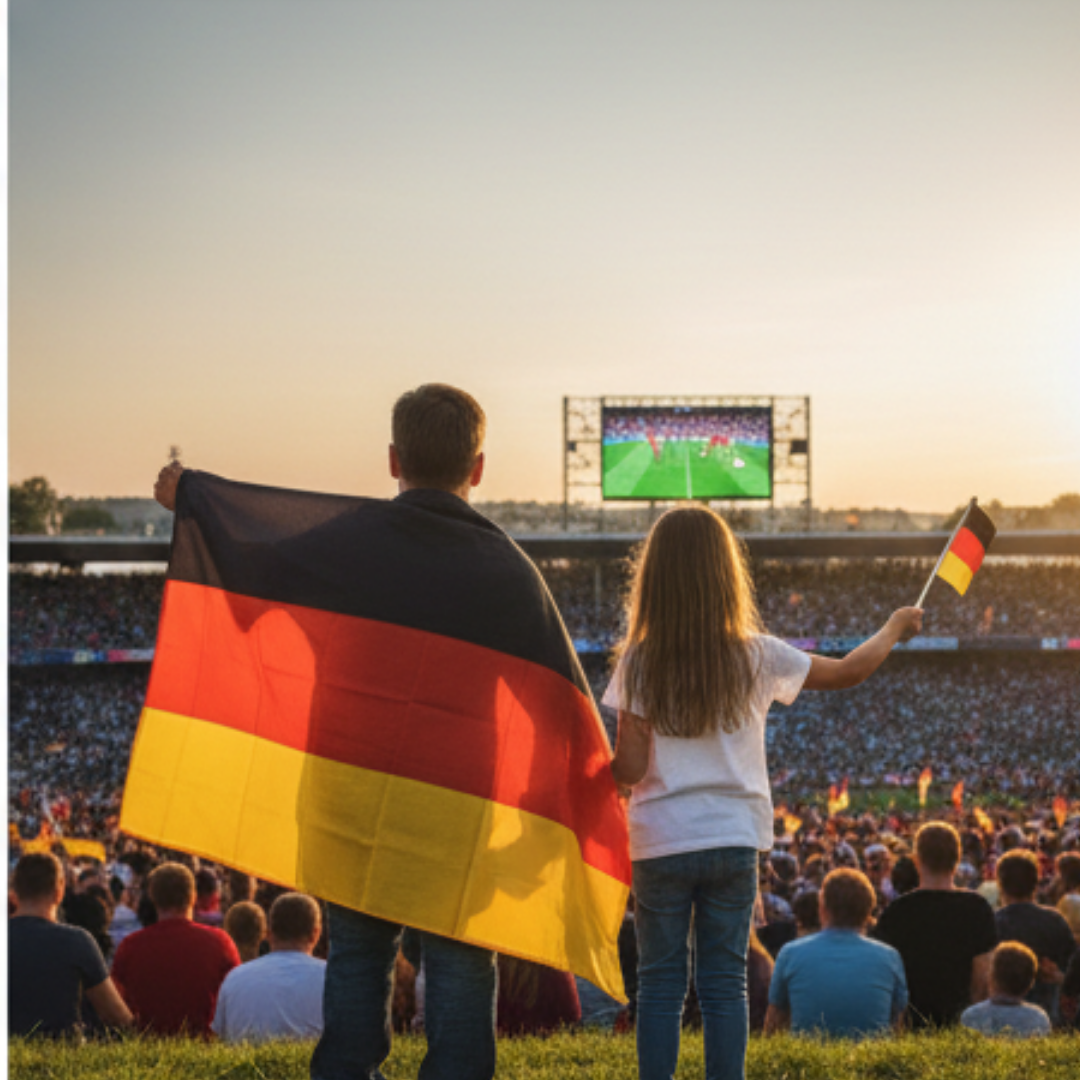 Zwei Fans mit deutscher Flagge und kleinem Fähnchen vor einem Stadion mit Anzeigetafel bei Sonnenuntergang.