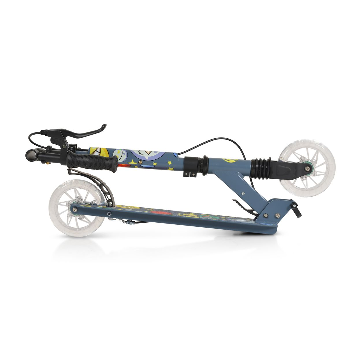 Ein blauer Roller mit lila und gelben Aufdrucken, zusammengeklappt.