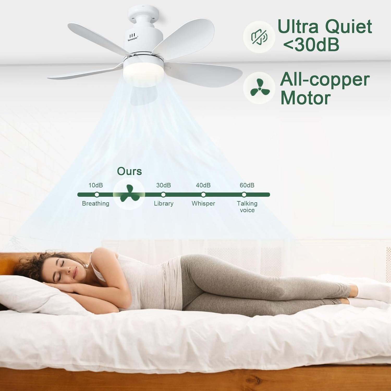 Eine Frau schläft im Bett, während ein leiser Deckenventilator Luft zufächelt.