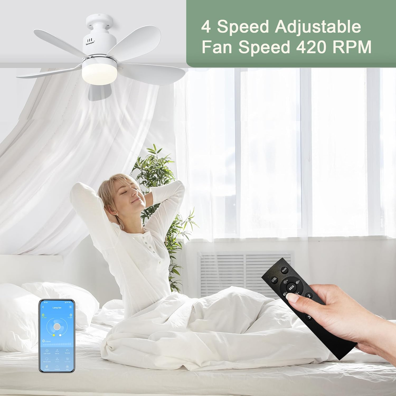 Eine Frau im Bett genießt die Brise eines Deckenventilators mit Fernbedienung und Handy.