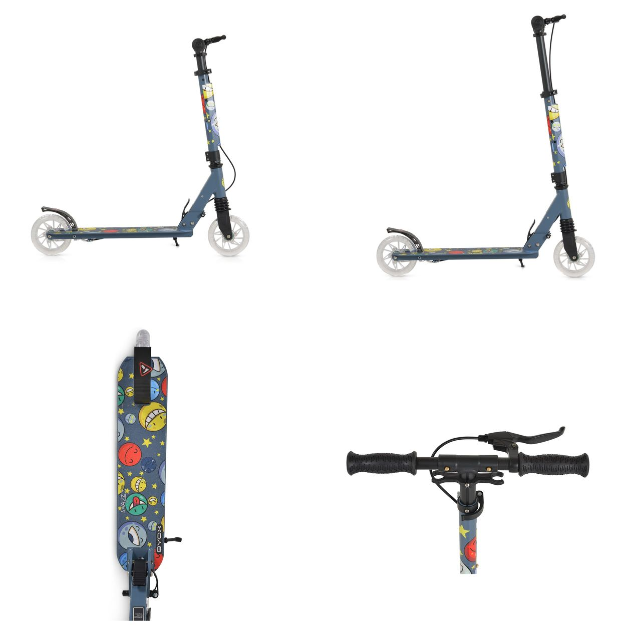 Ein blauer Roller mit buntem Aufkleber-Design aus Smileys und Sternen.