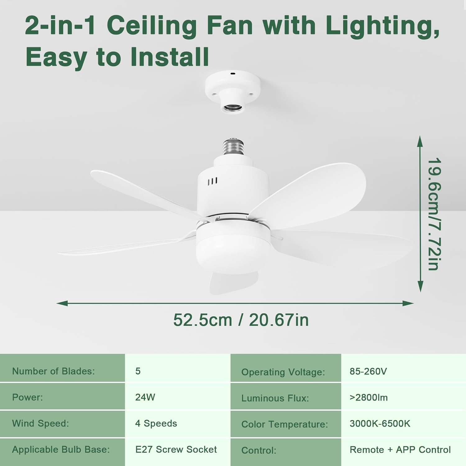 Weier 2-in-1 Deckenventilator mit Beleuchtung, 52,5 cm breit, 19,6 cm hoch.