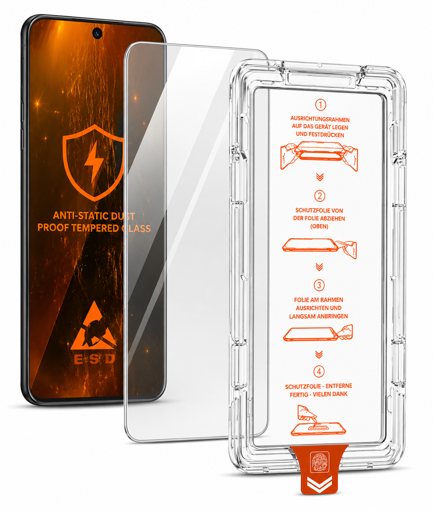 Smartphone-Schutzglas mit Montagehilfe und Anleitung.