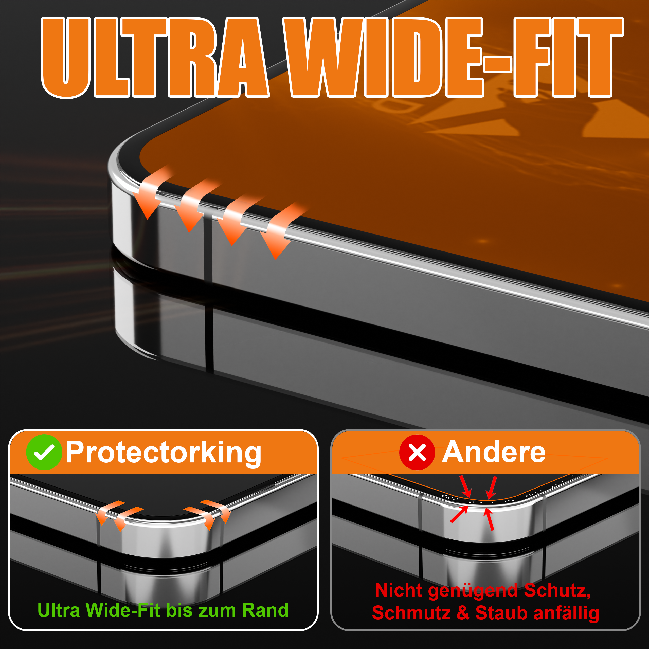Ultra Wide-Fit Schutzfolie im Vergleich zu anderen.