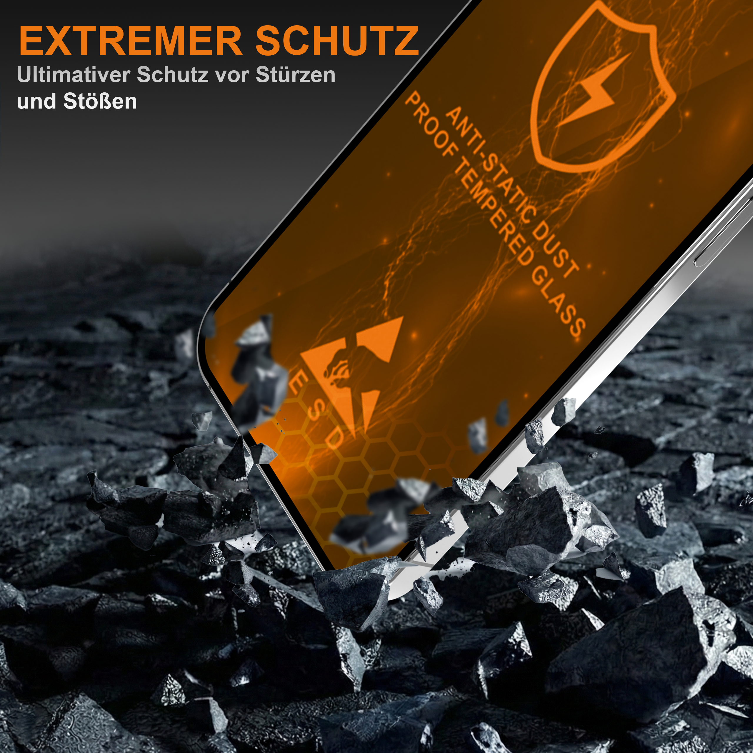 Ein Handy-Schutzglas fällt auf Steine. "Extremer Schutz" ist zu sehen.