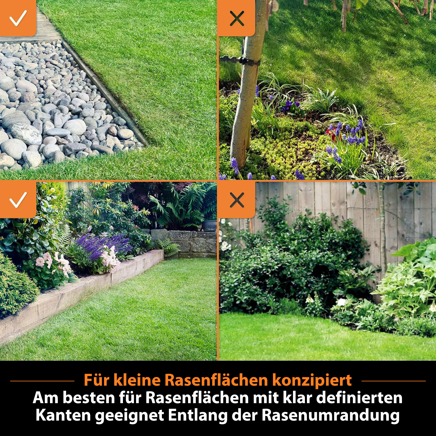 Vier Gartenszenen: Rasen mit Steinen, Blumenbeet, Hochbeet und dichte Büsche.