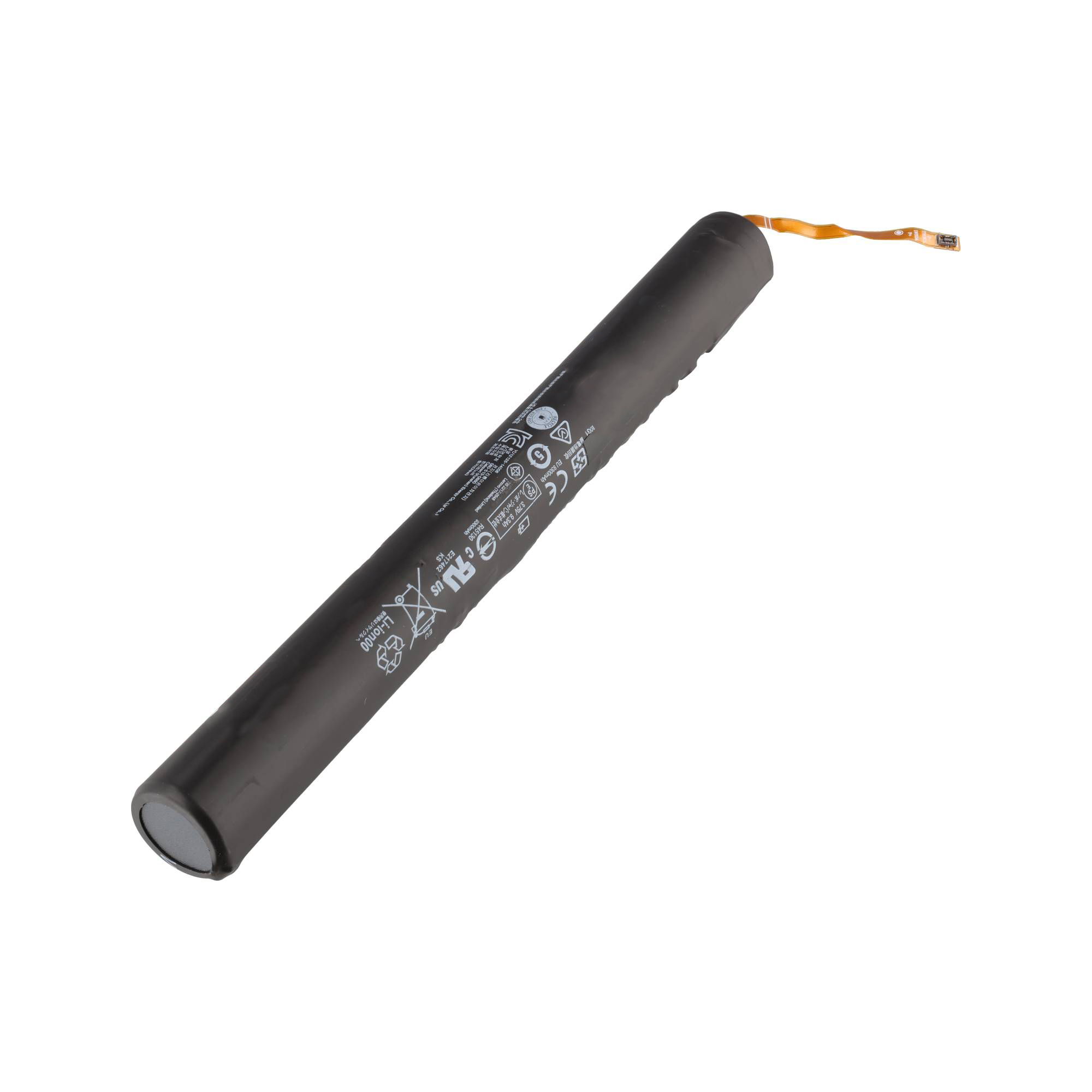 Schwarzer Lithium-Ionen-Akku mit Kabel und Kennzeichnung, auf weißem Hintergrund.