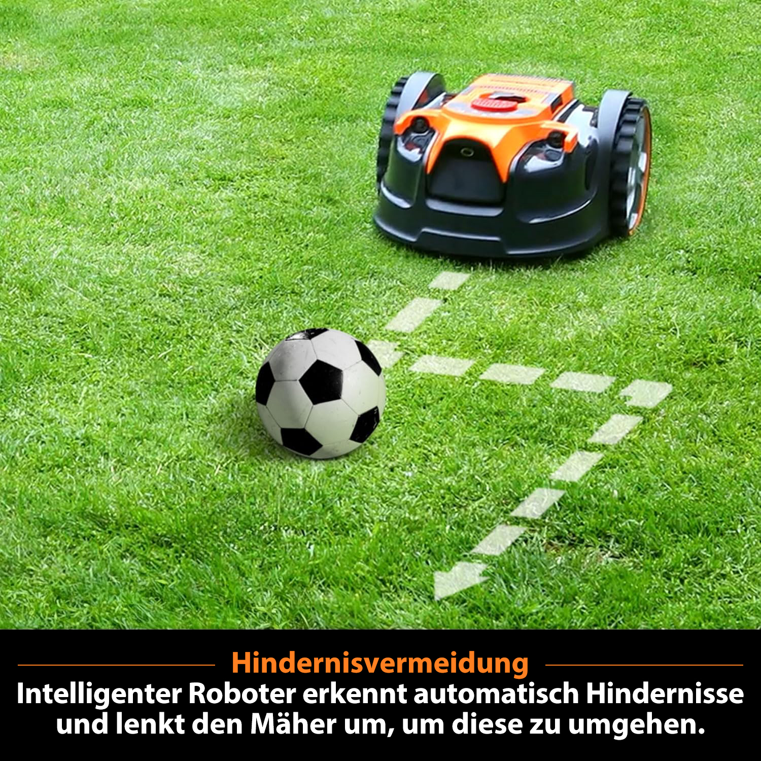 Orange Mähroboter und Fußball auf Gras, mit gestrichelten Linien zur Hindernisvermeidung.