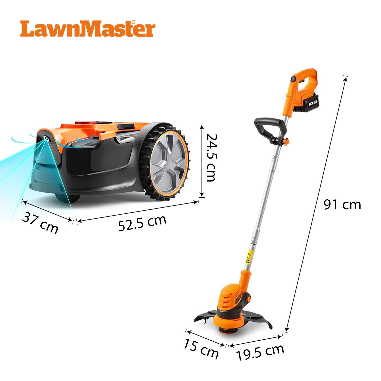 Ein orange-schwarzer Rasenmähroboter und ein Rasentrimmer mit Maßen.