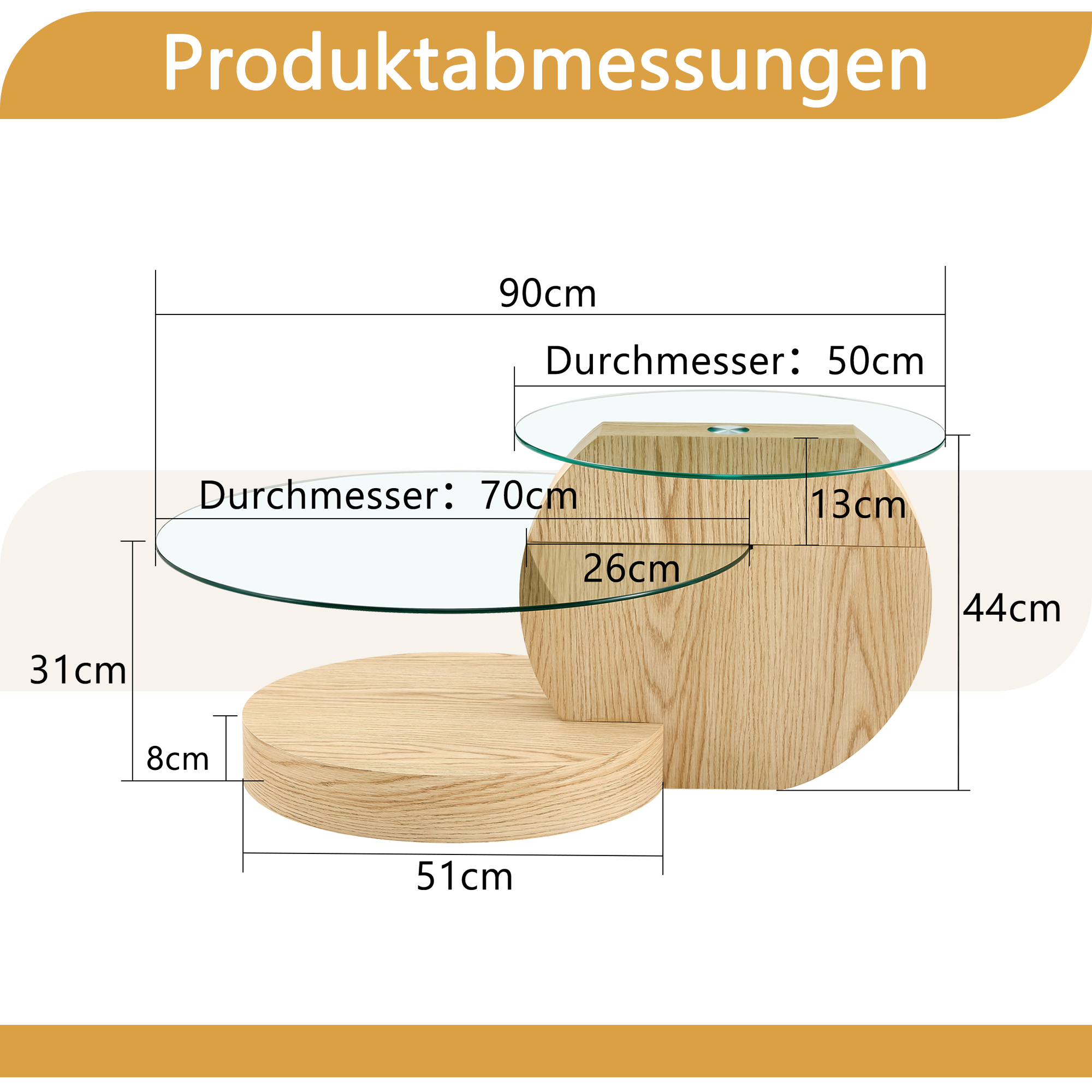Holzsockel mit zwei runden Glasplatten und Maßen.