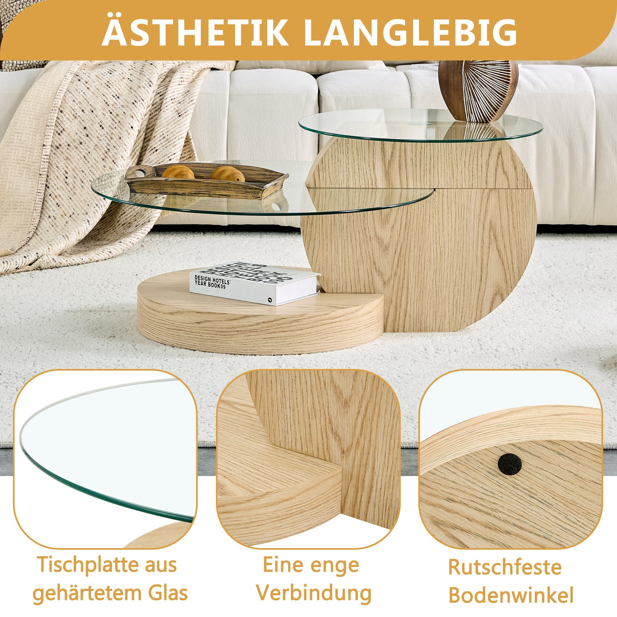 Moderner Couchtisch mit Glasplatte und Holzsockel, mit Detailaufnahmen.