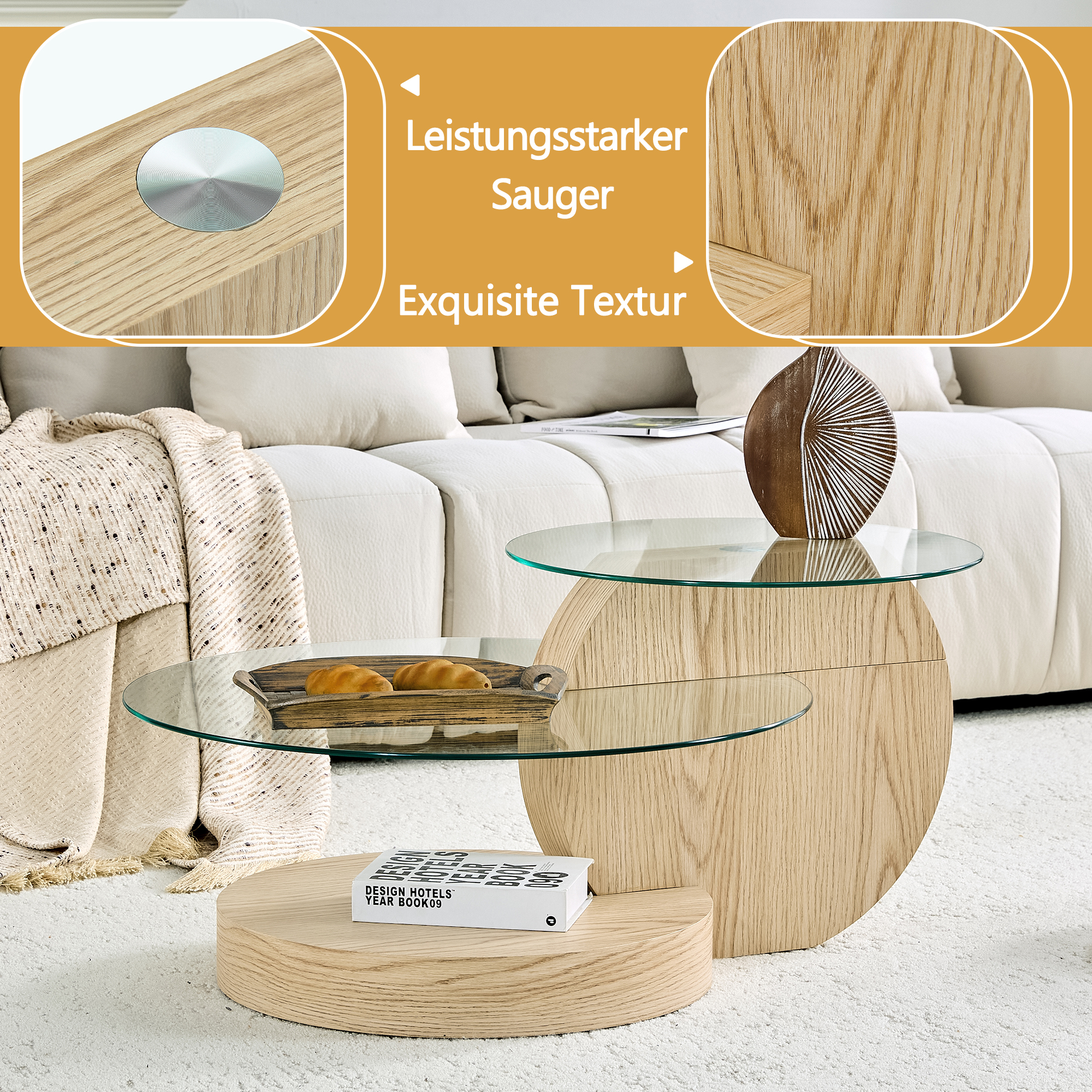 Zwei runde Glastische aus Holz mit einer Vase und Gebäck darauf.