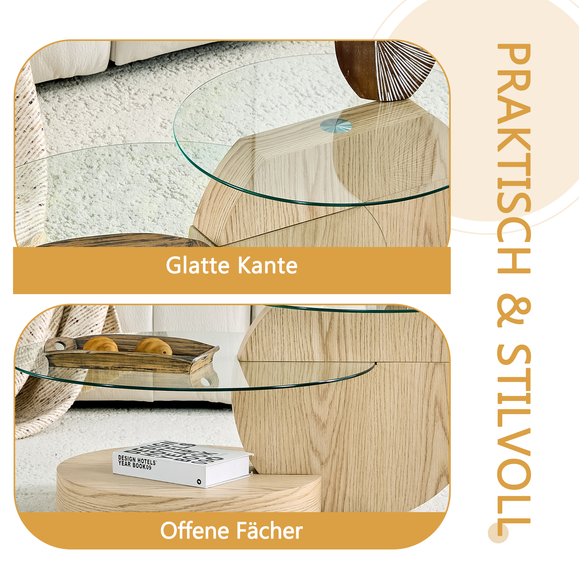 Moderner Holztisch mit Glasplatte, mit Buch und Brötchen auf einem Tablett.