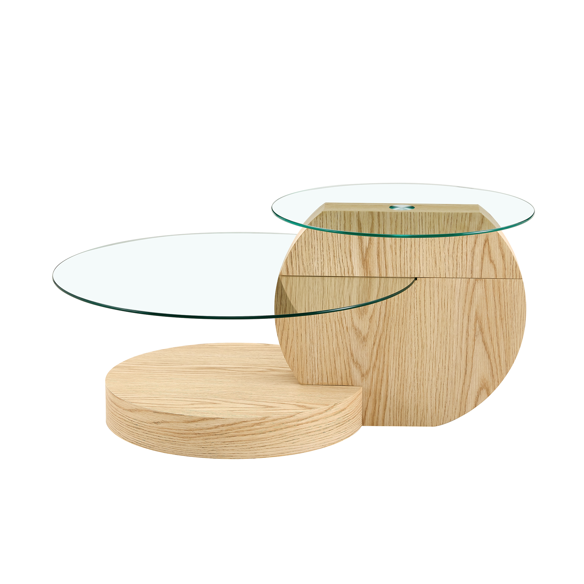 Moderner Couchtisch mit zwei Glasplatten und geschwungenem Holzsockel.