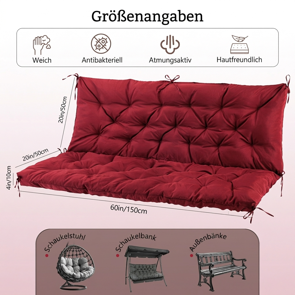 Rotes, gepolstertes Sitzkissen für Gartenmöbel mit Maßangaben und Icons.
