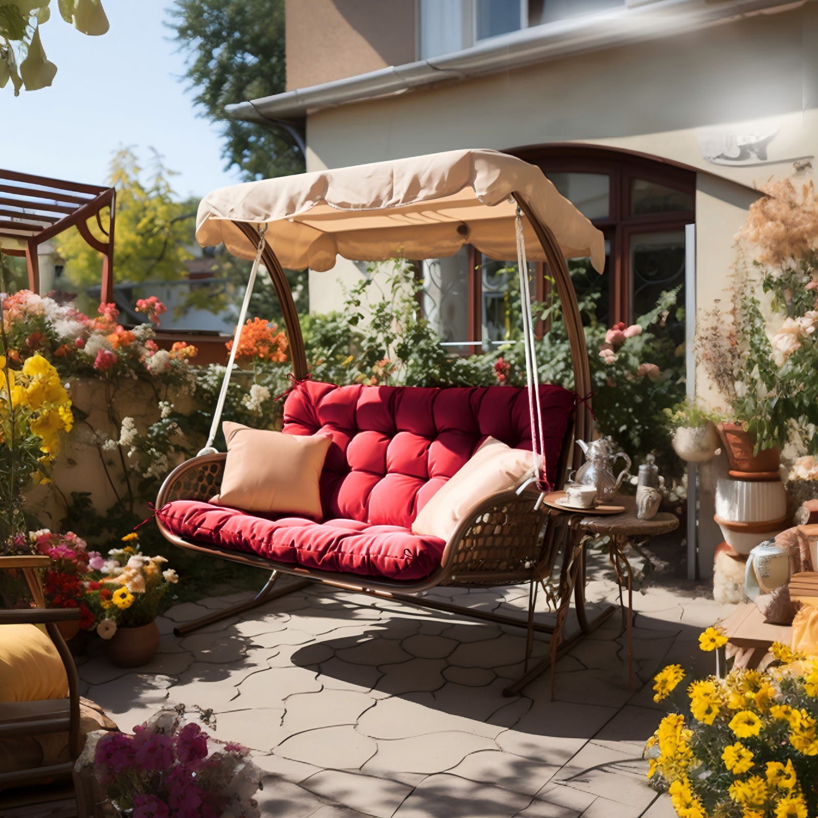 Eine rote Schaukelsitzgarnitur mit beigen Kissen steht auf einer Terrasse mit Blumen.