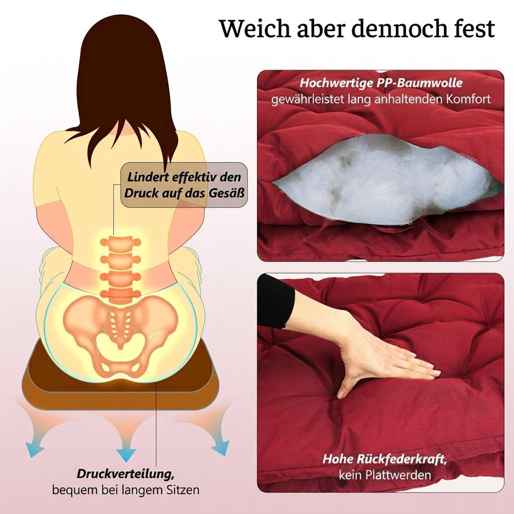 Illustration zeigt Sitzkissen mit Fokus auf Komfort und Druckentlastung.
