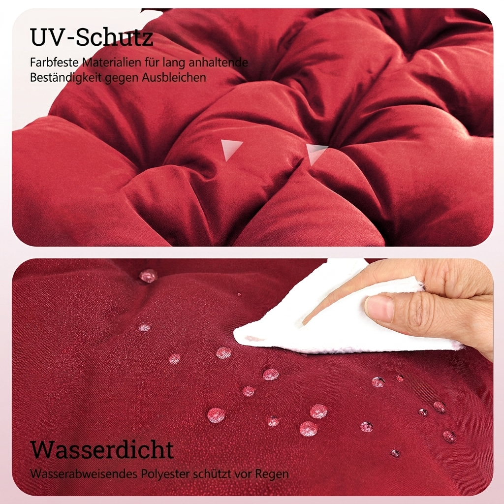Rote gepolsterte Oberfläche zeigt UV-Schutz und Wasserabweisung.