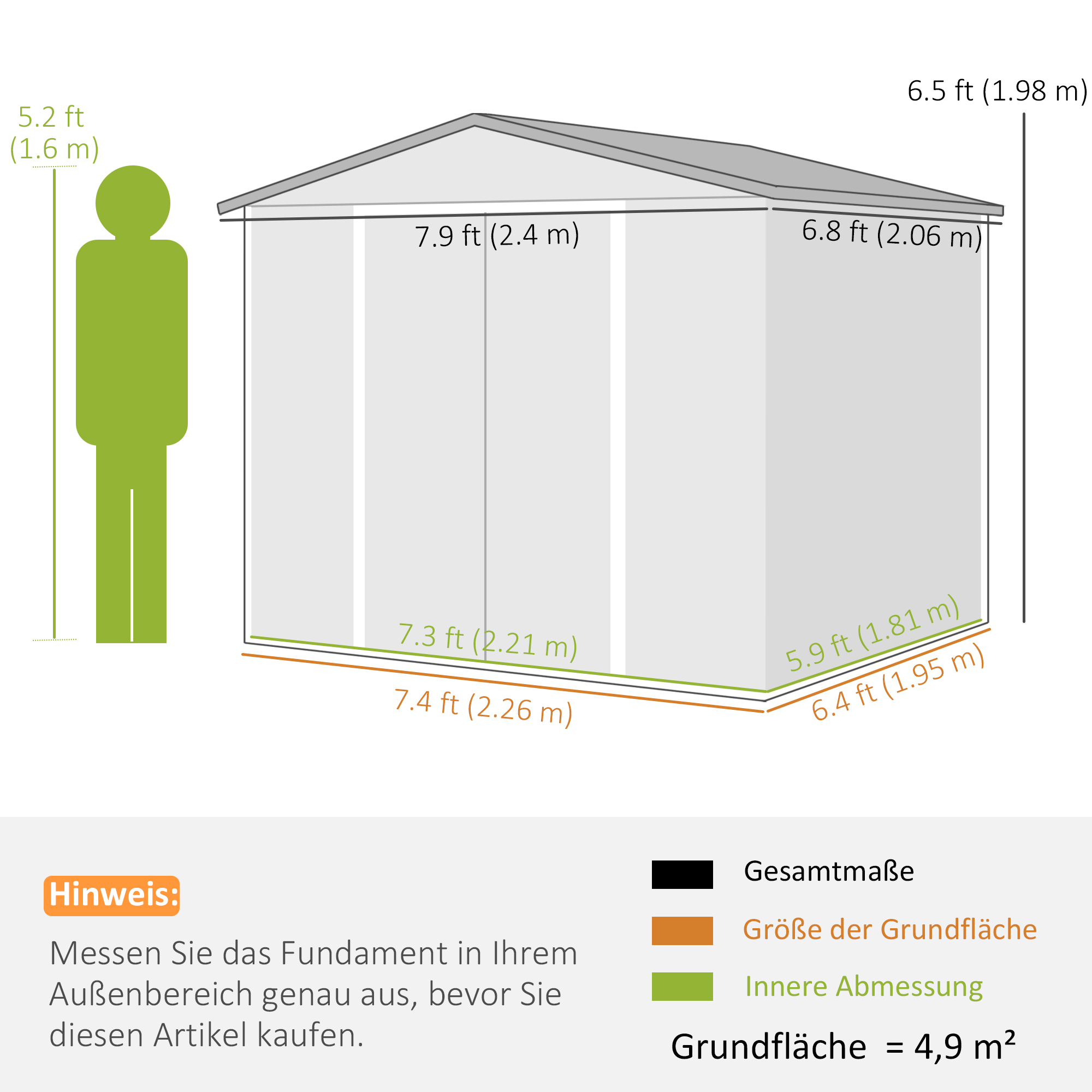 Diagramm mit Schuppenabmessungen: Höhe 6,5 Fuß, Breite 7,9 Fuß, Tiefe 6,8 Fuß. Inklusive Grundfläche.