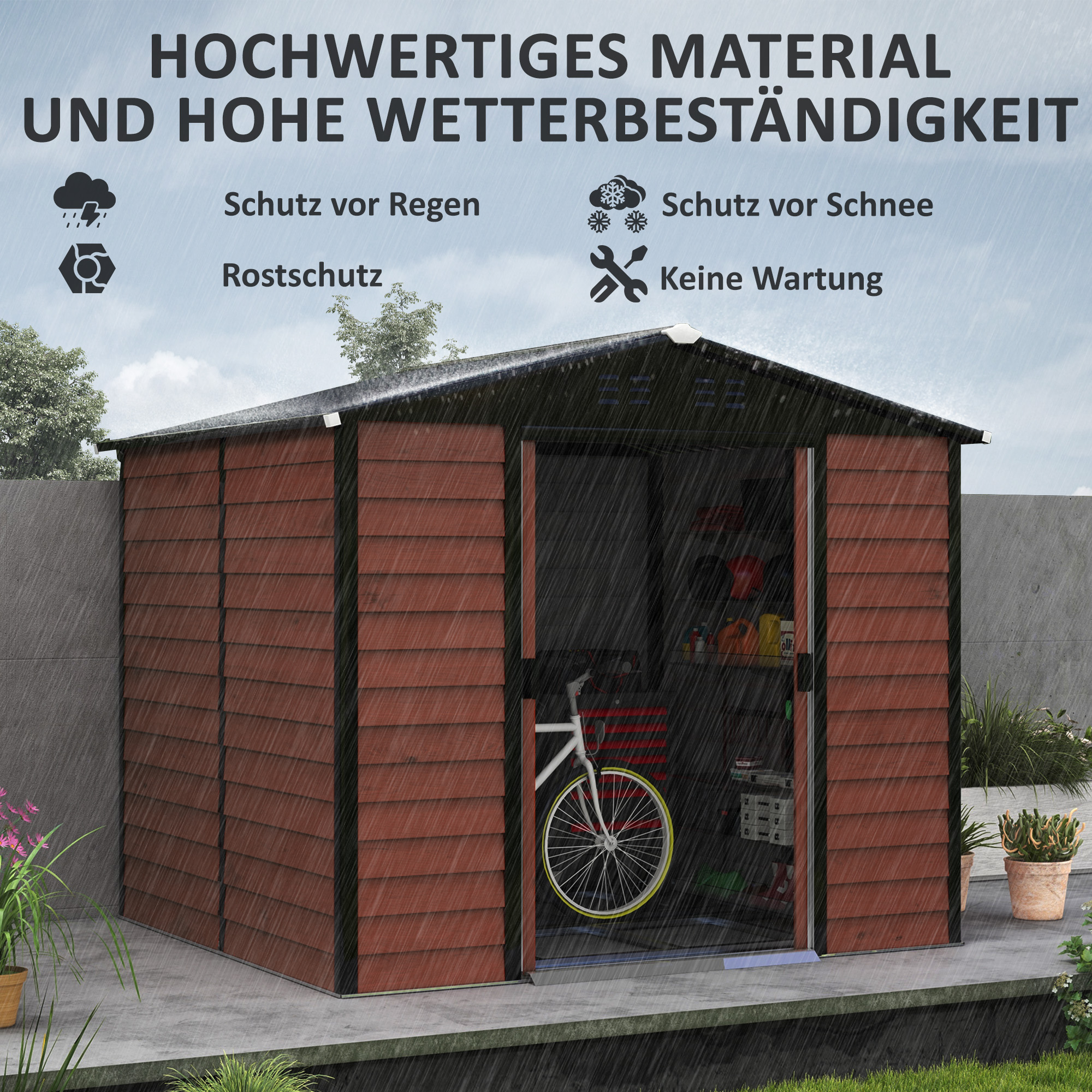 Gartenhaus aus Holzimitat bei Regen, mit Fahrrad und Werkzeugen im Inneren.