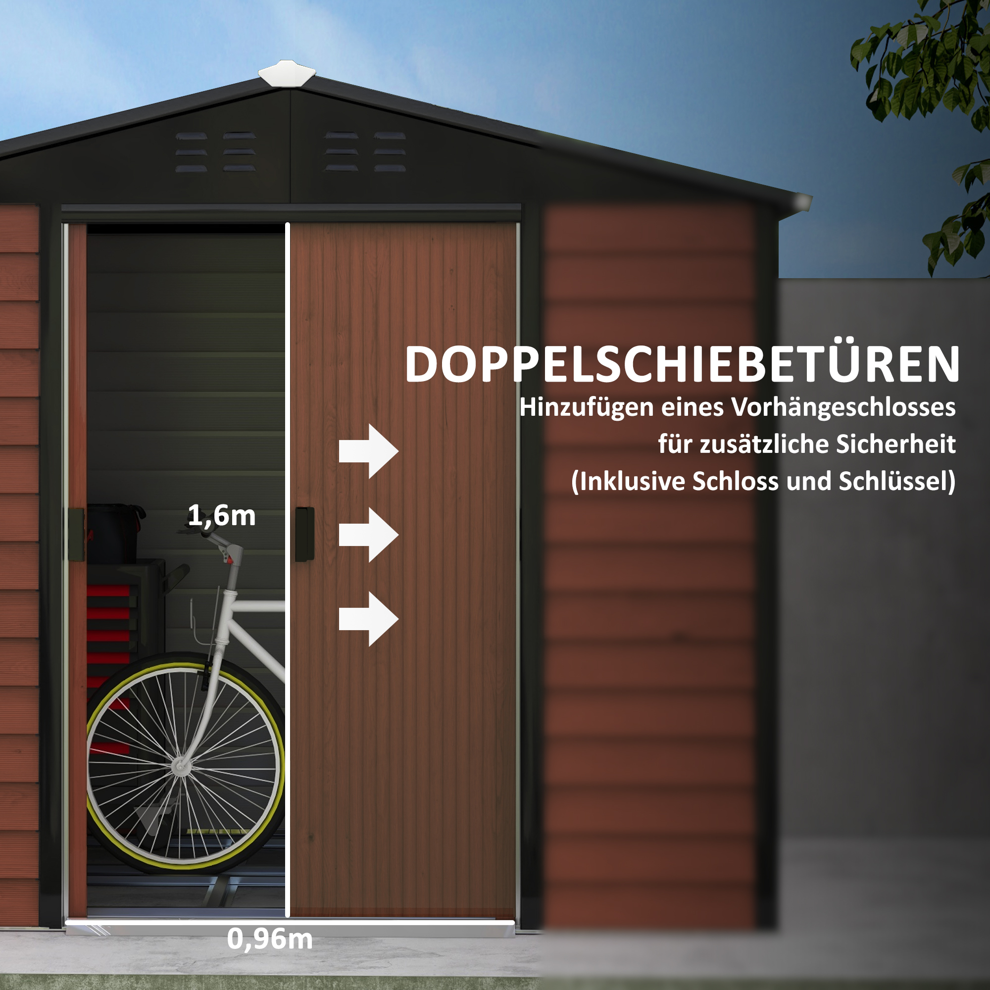 Gartenschuppen mit Doppelschiebetüren, innen ein Fahrrad und Werkzeugschrank.