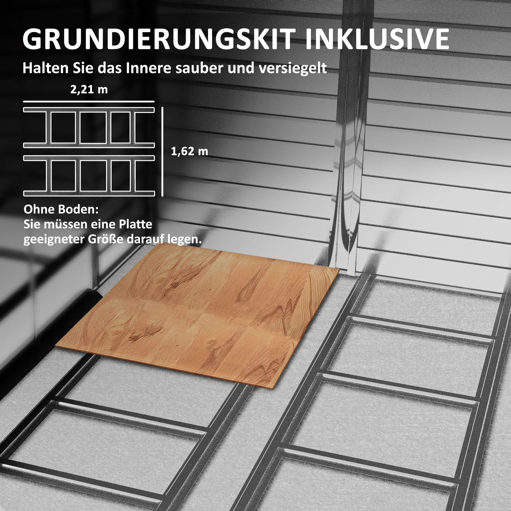 Ein Holzboden liegt auf einem Gitterrahmen über einer grauen Fläche.