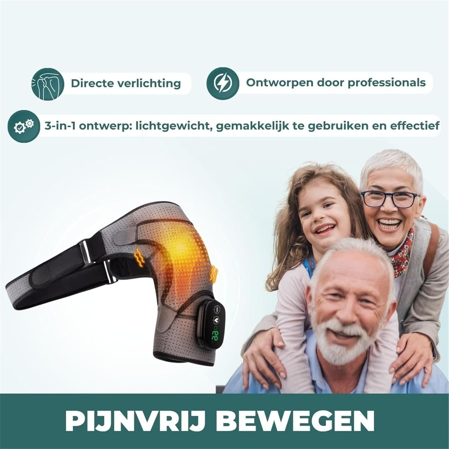 Ein Knieorthese mit Heizfunktion, die von lachenden Großeltern und einem Kind getragen wird.