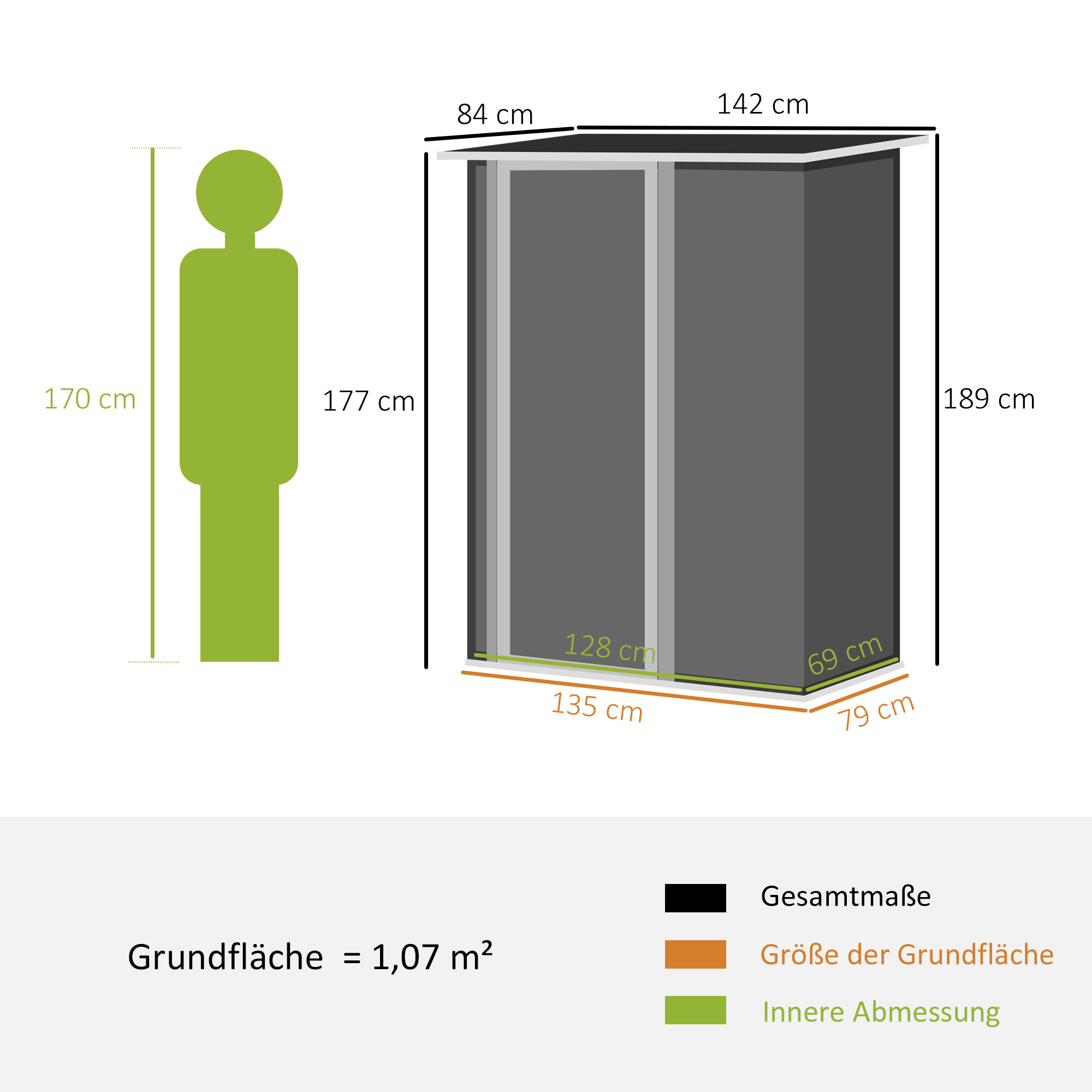 Diagramm zeigt einen Mann neben einem Schuppen mit Maßen.