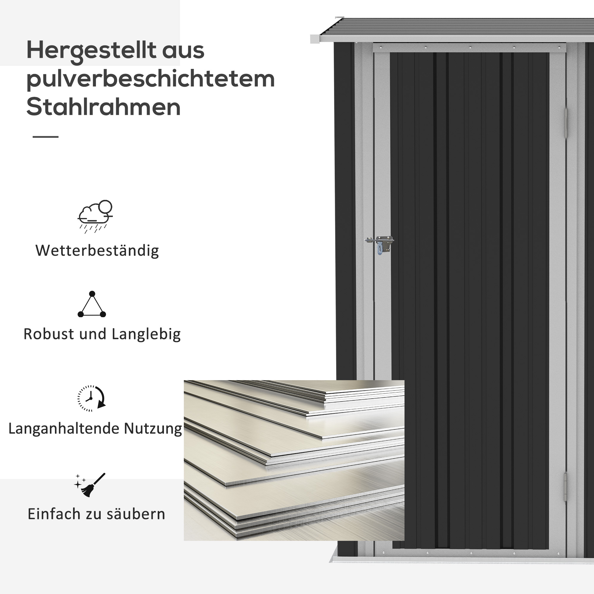 Schwarzer Schuppen mit silbernem Rahmen, Wetterfest, Robust, Langlebig.