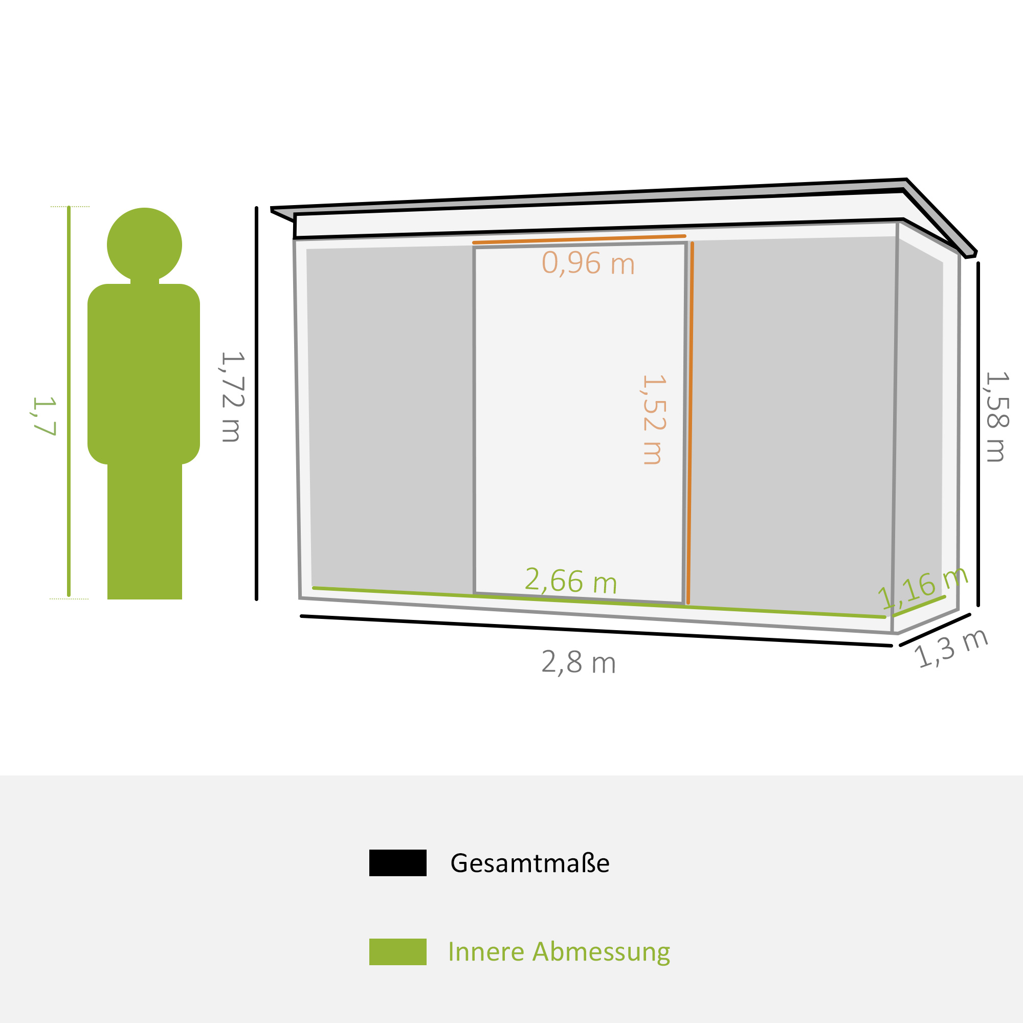 Illustration eines Schuppens mit Maßen. Ein grüner Mann zeigt die Höhe an.