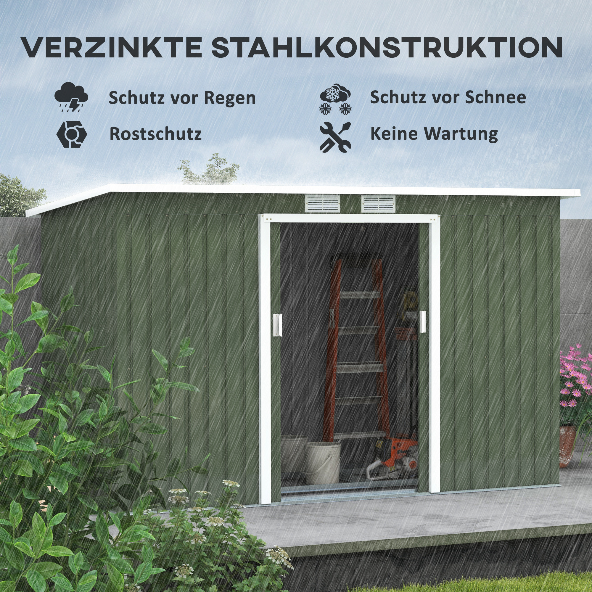 Grüne Gartenschuppen mit Leiter, Werkzeug und Blumen im Regen.