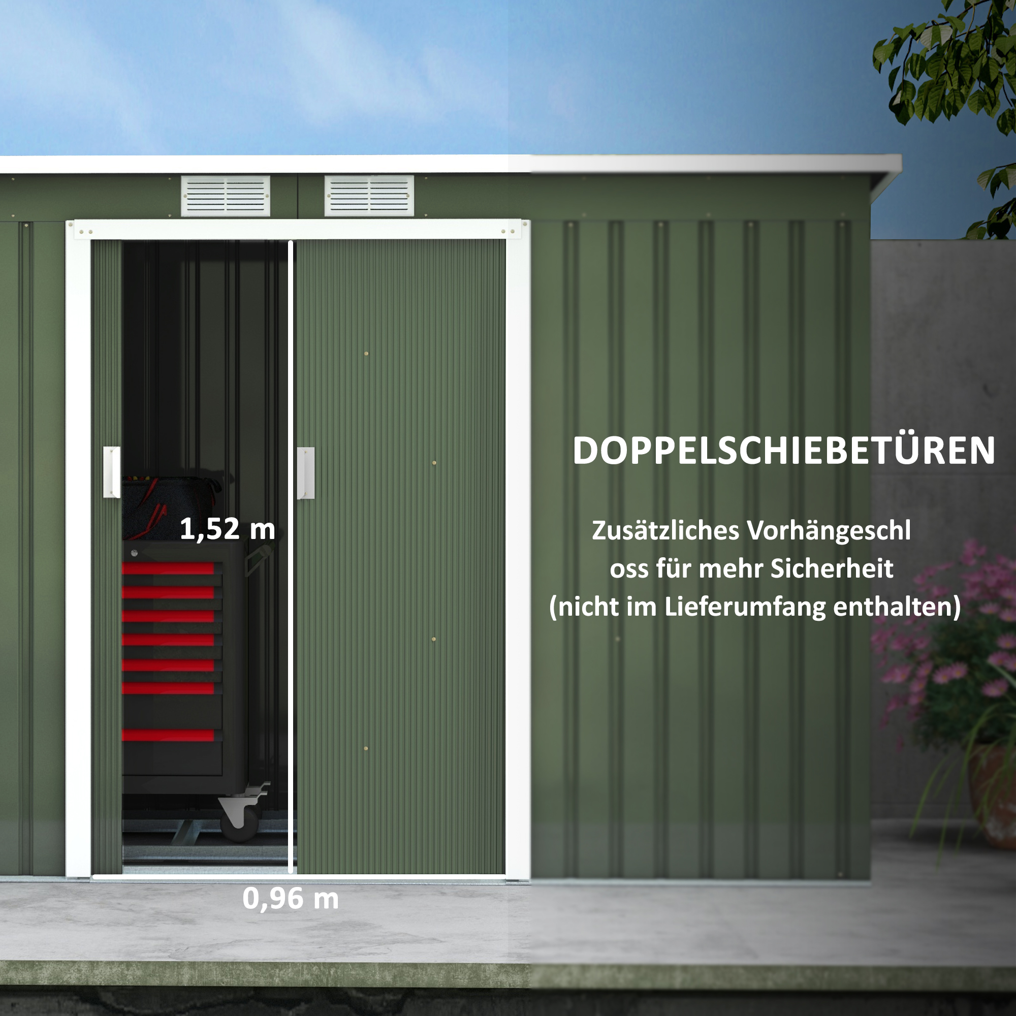 Grüne Gartenschuppen mit Doppelschiebetür, Maße 1,52m x 0,96m.