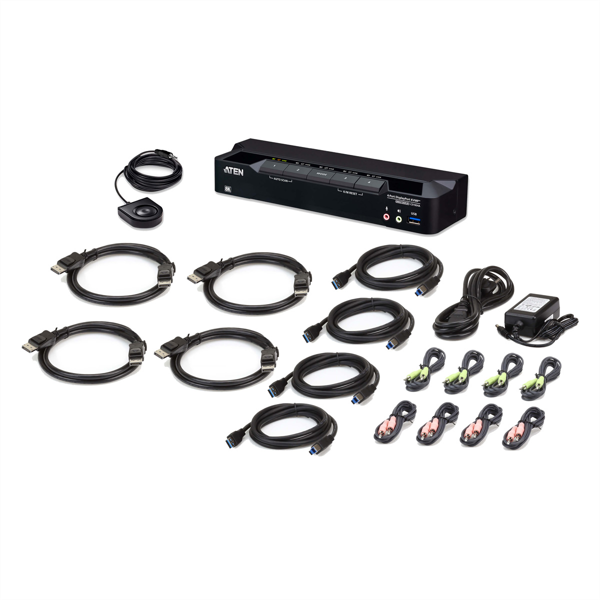 ATEN 4-Port 8K DisplayPort KVM-Switch mit Kabeln, Netzteil und Fernbedienung.