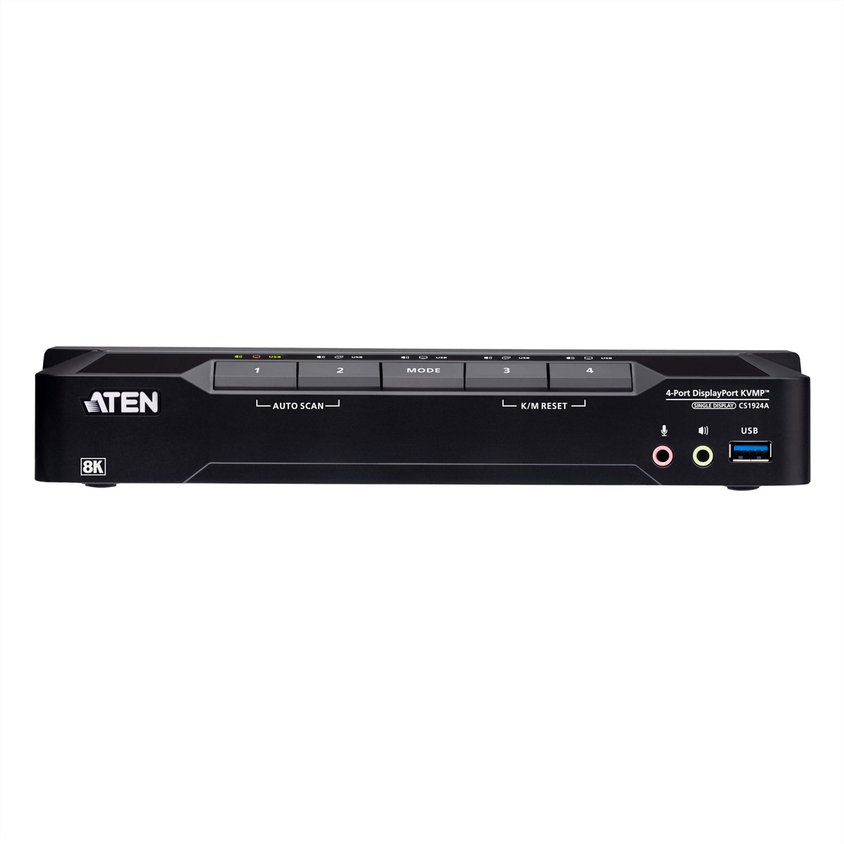 Schwarzer ATEN 4-Port DisplayPort KVMP mit 8K-Unterstützung und USB-Anschluss.