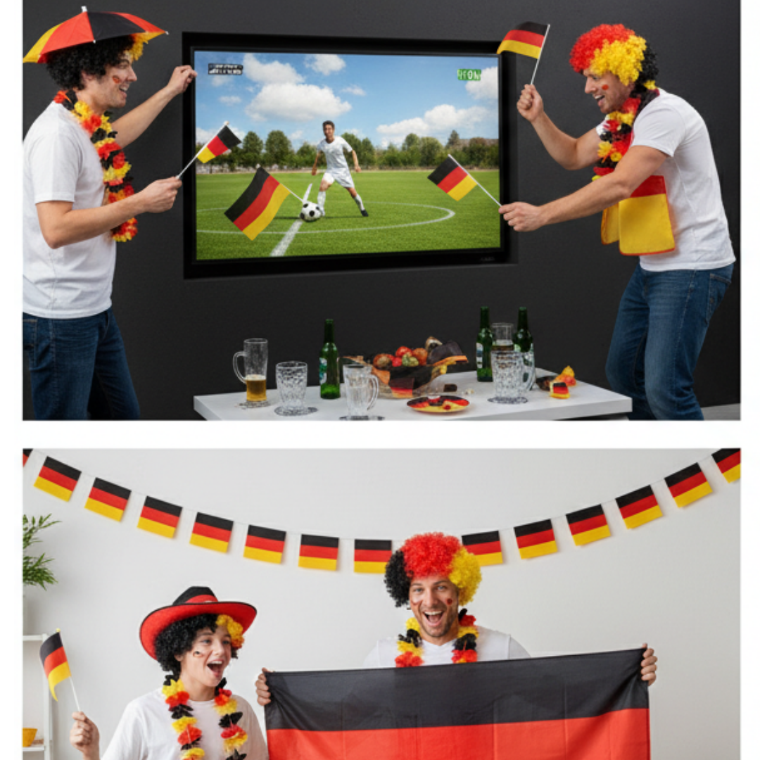 Zwei Fans in Deutschland-Trikots schauen Fußball und halten Fahnen.
